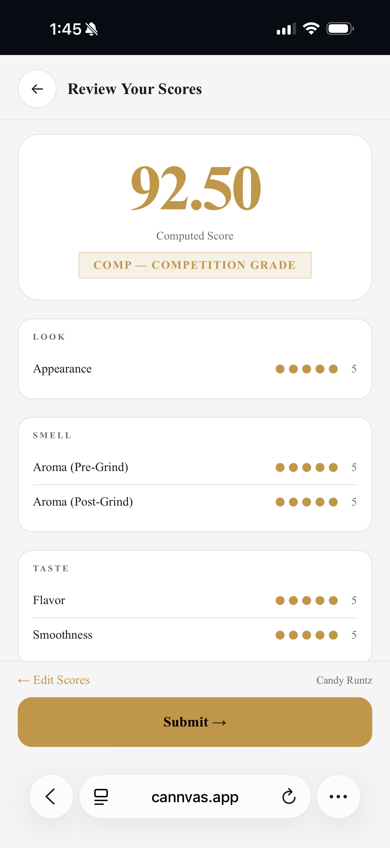 Mobile panel scoring app showing final cultivar grade
